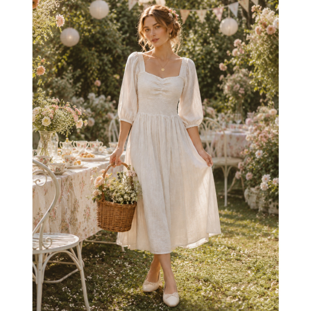 LC Lauren Conrad Linen Blend White Smocked Midi Dress Puff Slv Sz PM Cottagecore